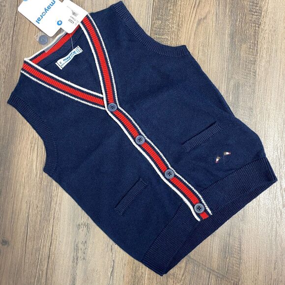 Mayoral Boys Wool Blend Navy Knit Button Sweater Vest Size 2 NWT Style 4320 - Picture 1 of 9